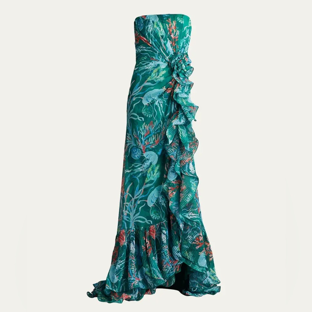 NWT Tadashi Shoji Strapless Pleated Ruffle A-line Gown - Picture 5 of 12